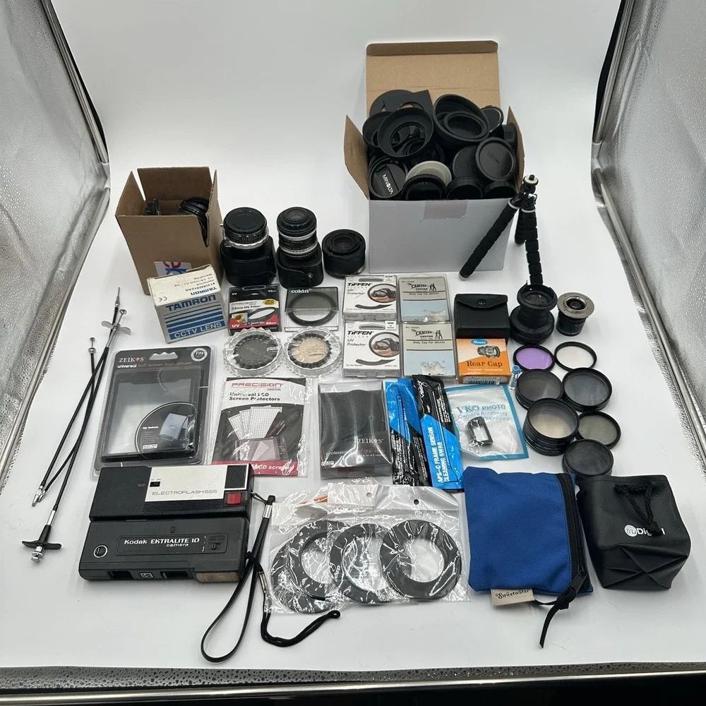 Huge Camera Lens Accessory Lot Filters Hoods Caps Tripod Kodak Flash Untested